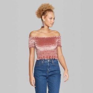 Wild fable smocked pink velvet top off shoulder